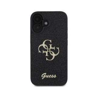 Guess PU Fixed Glitter 4G Metal Logo Zadní Kryt pro iPhone 16 Černá