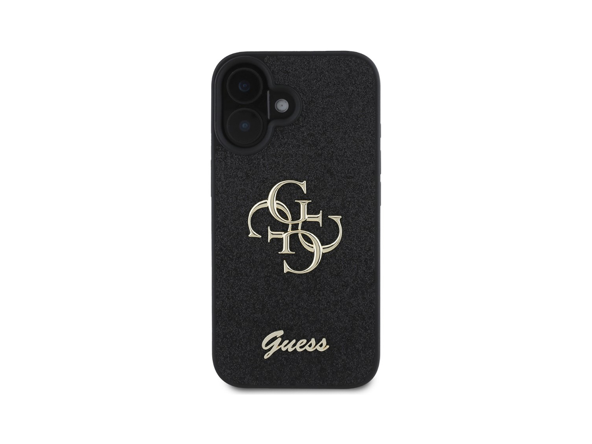 Guess PU Fixed Glitter 4G Metal Logo Zadní Kryt pro iPhone 16 Černá