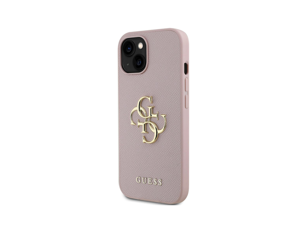 Guess PU 4G Metal Logo Zadní Kryt pro iPhone 15 Růžová