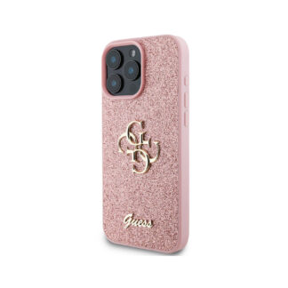 Guess PU Fixed Glitter 4G Metal Logo Zadní Kryt pro iPhone 16 Pro Růžová