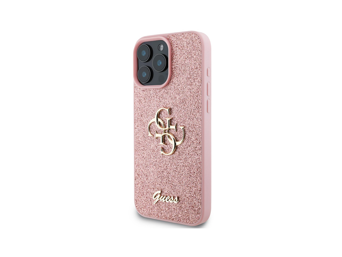 Guess PU Fixed Glitter 4G Metal Logo Zadní Kryt pro iPhone 16 Pro Růžová