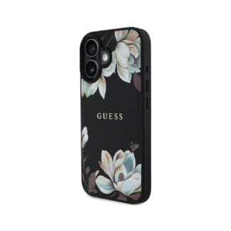 Guess PU Magnolia MagSafe Zadní Kryt pro iPhone 16 Černá