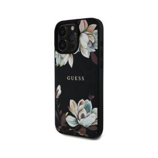 Guess PU Magnolia MagSafe Zadní Kryt pro iPhone 16 Pro Černá