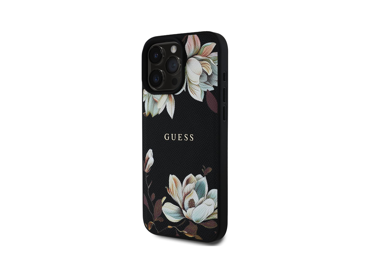 Guess PU Magnolia MagSafe Zadní Kryt pro iPhone 16 Pro Černá