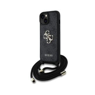 Guess PU 4G Metal Logo Zadní Kryt pro iPhone 15 Černá + Crossbody Popruh