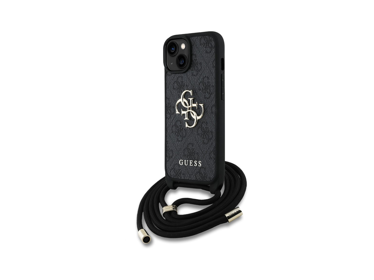 Guess PU 4G Metal Logo Zadní Kryt pro iPhone 15 Černá + Crossbody Popruh