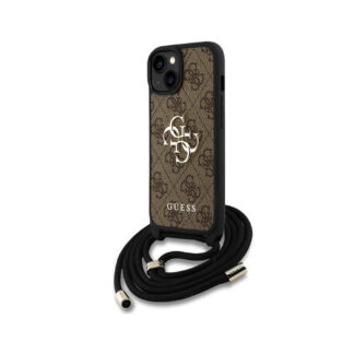 Guess PU 4G Metal Logo Zadní Kryt pro iPhone 15 Hnědá + Crossbody Popruh