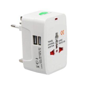 DeTech Univerzální cestovní adaptér - 2xUSB,1.0A, EU/US/UK/AU, 220V, Bílá