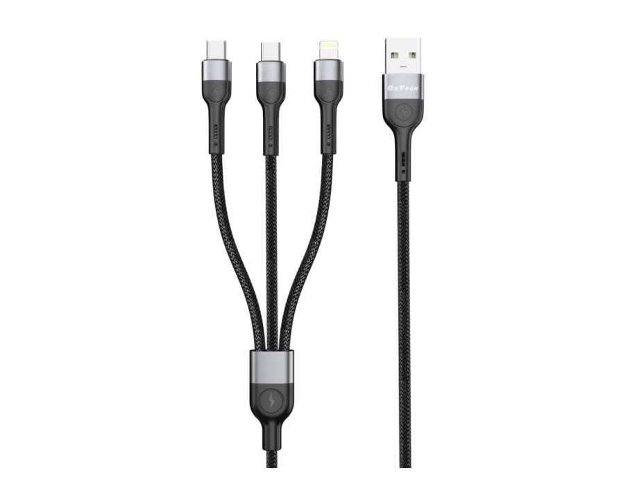DeTech DE-52UCL datový kabel, 3v1, USB na 2x Type-C, Lightning, 1.0m - černá