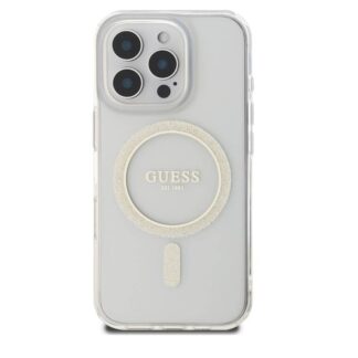 Guess IML Glitter Ring MagSafe Zadní Kryt pro iPhone 16 Pro Průhledná