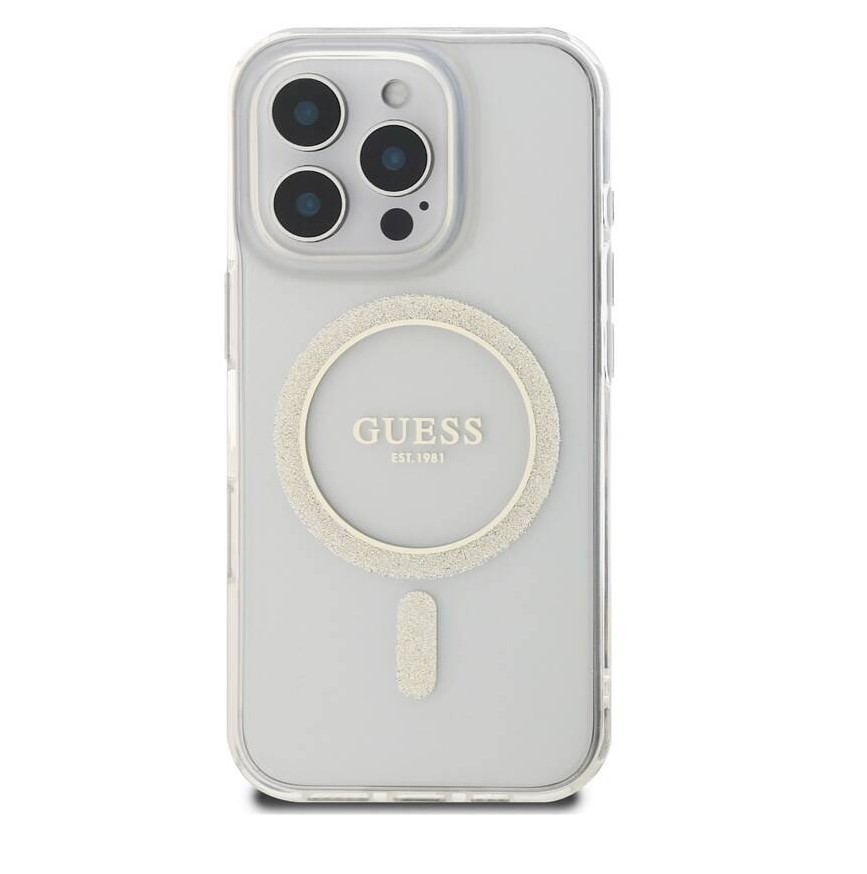Guess IML Glitter Ring MagSafe Zadní Kryt pro iPhone 16 Pro Průhledná