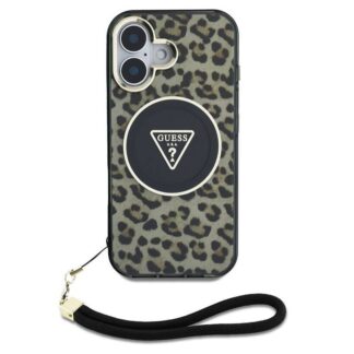 Guess IML Leopard Triangle Logo Strap MagSafe Zadní Kryt pro iPhone 16 Hnědá