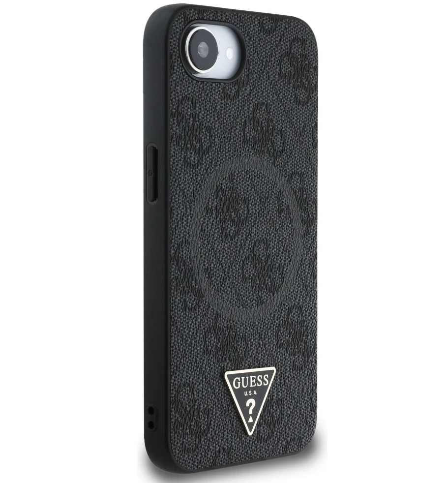 Guess PU 4G Strass Triangle Metal Logo Zadní Kryt pro iPhone 16e Černá