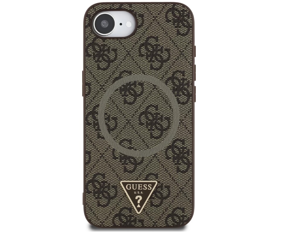 Guess PU 4G Strass Triangle Metal Logo Zadní Kryt pro iPhone 16e Hnědá