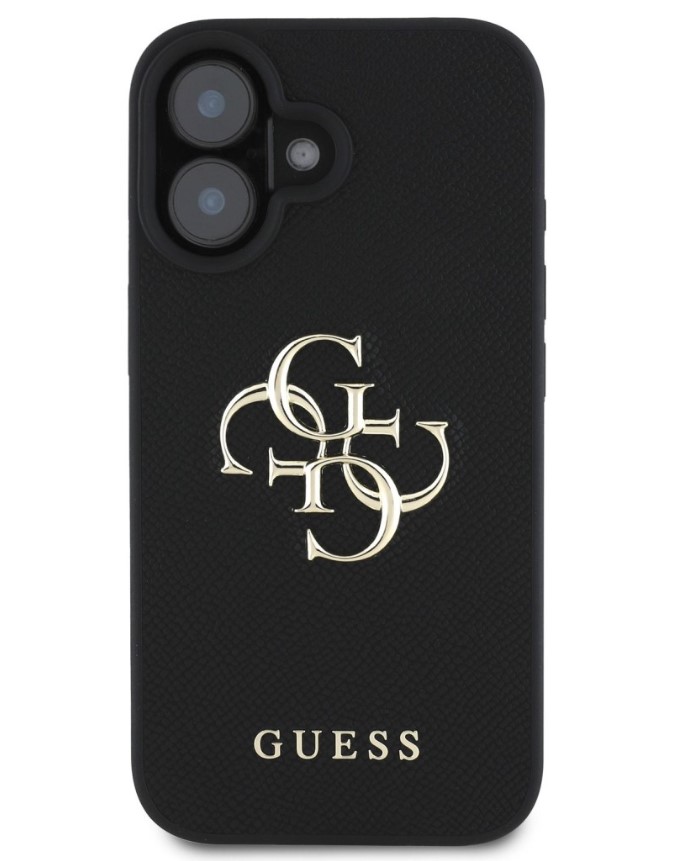 Guess PU Grained 4G Metal Logo Zadní Kryt pro iPhone 16 Černá