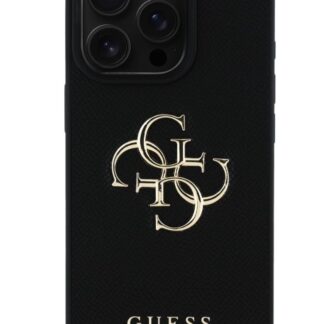 Guess PU Grained 4G Metal Logo Zadní Kryt pro iPhone 16 Pro Černá