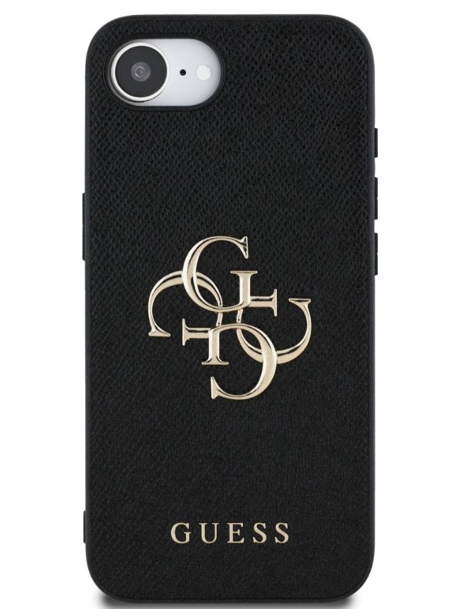 Guess PU Grained 4G Metal Logo Zadní Kryt pro iPhone 16e Černá