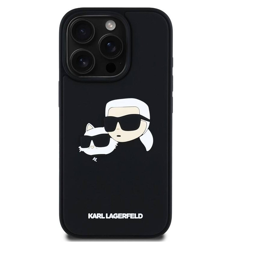Karl Lagerfeld 3D Rubber Double Heads Zadní Kryt pro iPhone 16 Pro Černá