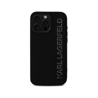 Karl Lagerfeld 3D Rubber Glitter Logo Zadní Kryt pro iPhone 16 Pro Černá