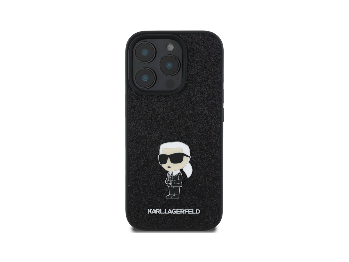 Karl Lagerfeld Fixed Glitter Metal Ikonik Zadní Kryt pro iPhone 16 Pro Černá