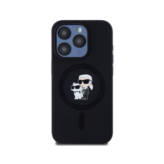 Karl Lagerfeld Liquid Silicone Karl and Choupette MagSafe Zadní Kryt pro iPhone 15 Pro Černá