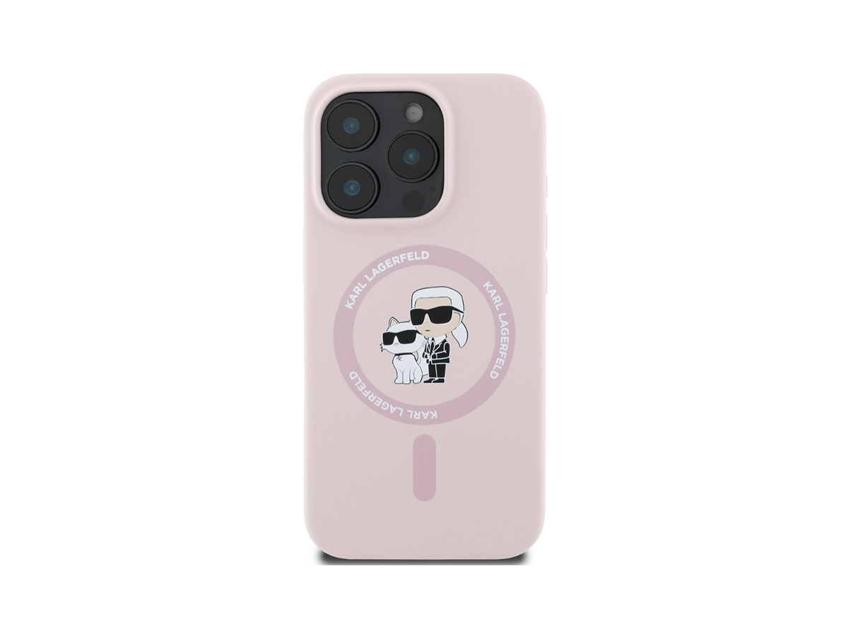 Karl Lagerfeld Liquid Silicone Karl and Choupette MagSafe Zadní Kryt pro iPhone 16 Pro Růžová