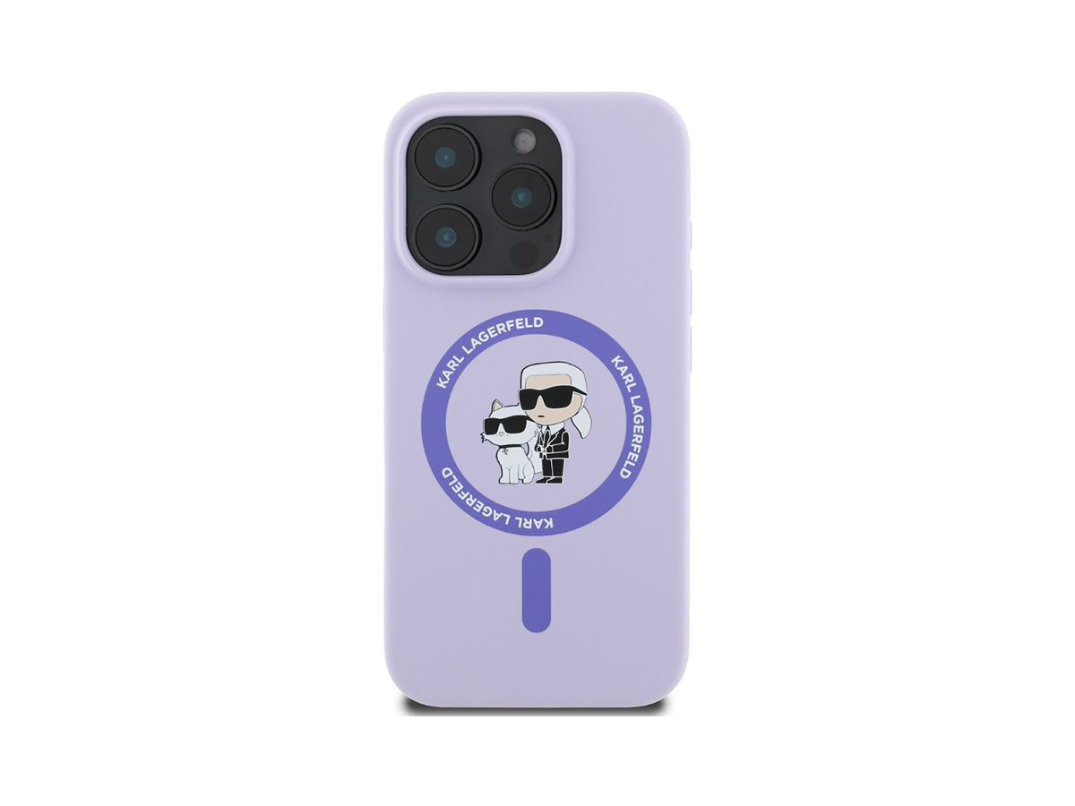 Karl Lagerfeld Liquid Silicone Karl and Choupette MagSafe Zadní Kryt pro iPhone 16 Pro Fialová