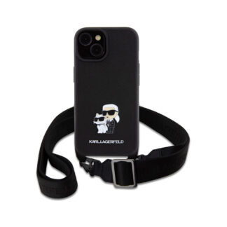 Karl Lagerfeld Saffiano Crossbody Popruh Metal Karl and Choupette Zadní Kryt pro iPhone 15 Černá