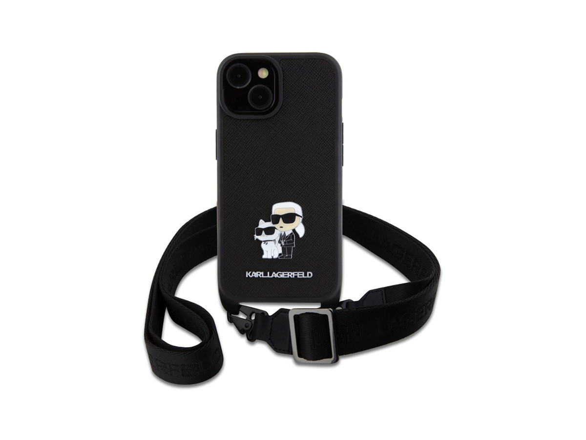 Karl Lagerfeld Saffiano Crossbody Popruh Metal Karl and Choupette Zadní Kryt pro iPhone 15 Černá