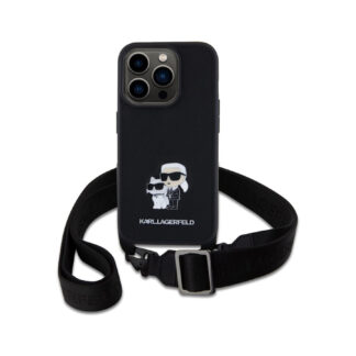 Karl Lagerfeld Saffiano Crossbody Popruh Metal Karl and Choupette Zadní Kryt pro iPhone 15 Pro Černá