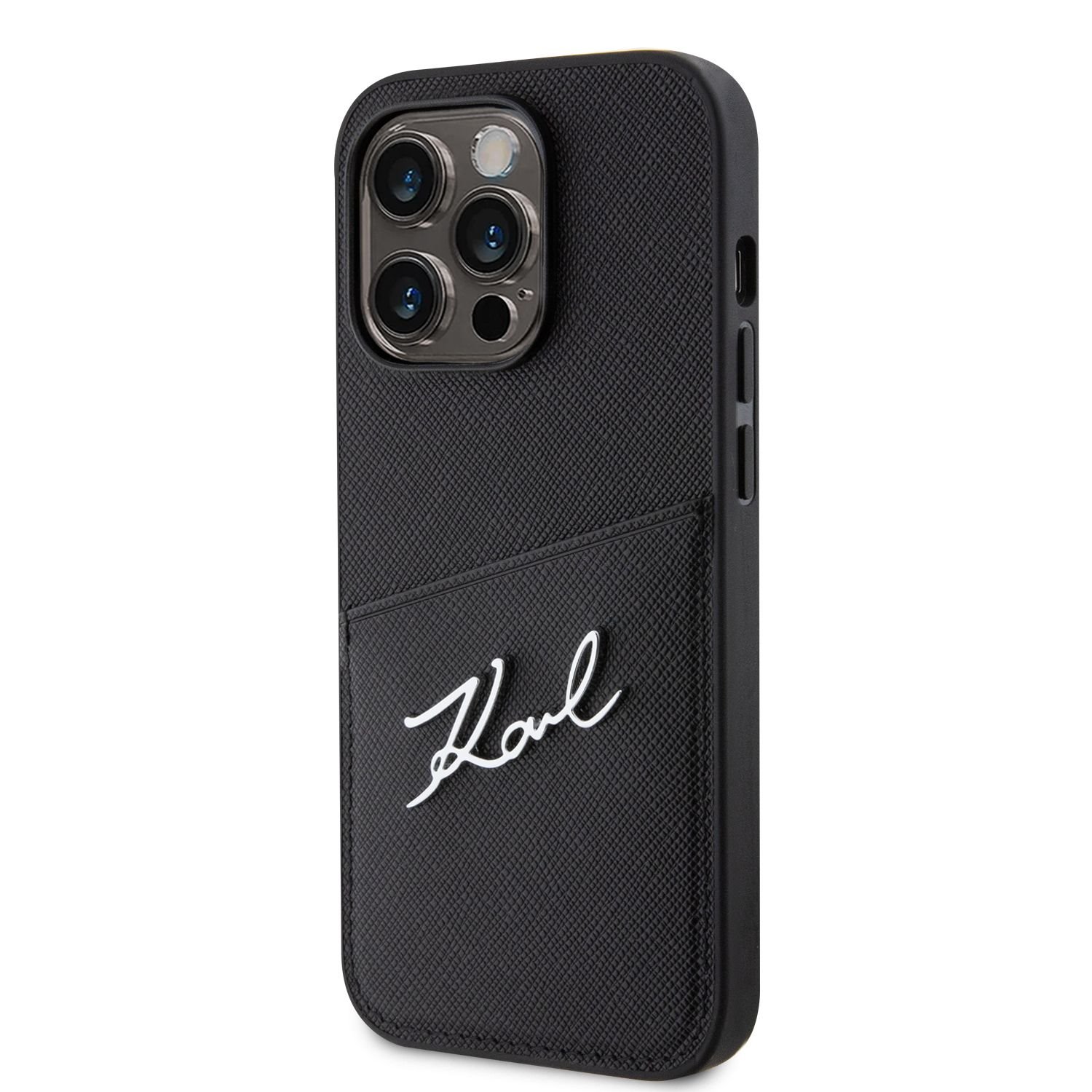 Karl Lagerfeld Saffiano Card Slot Metal Signature Zadní Kryt pro iPhone 14 Pro