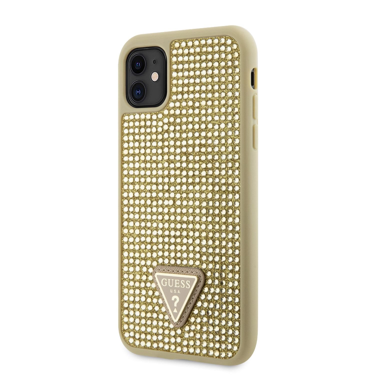 Guess Rhinestones Triangle Metal Logo Kryt pro iPhone 11 zlatý