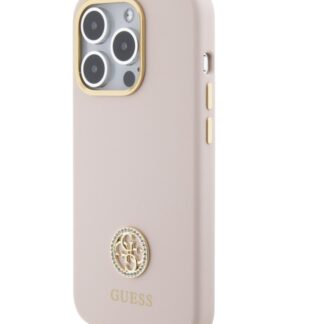 Guess Liquid Silicone 4G Strass Metal Logo Zadní Kryt pro iPhone 15 Pro Růžový