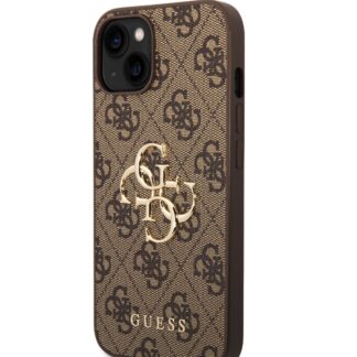 Guess PU 4G Metal Logo Zadní Kryt pro iPhone 15 Hnědý