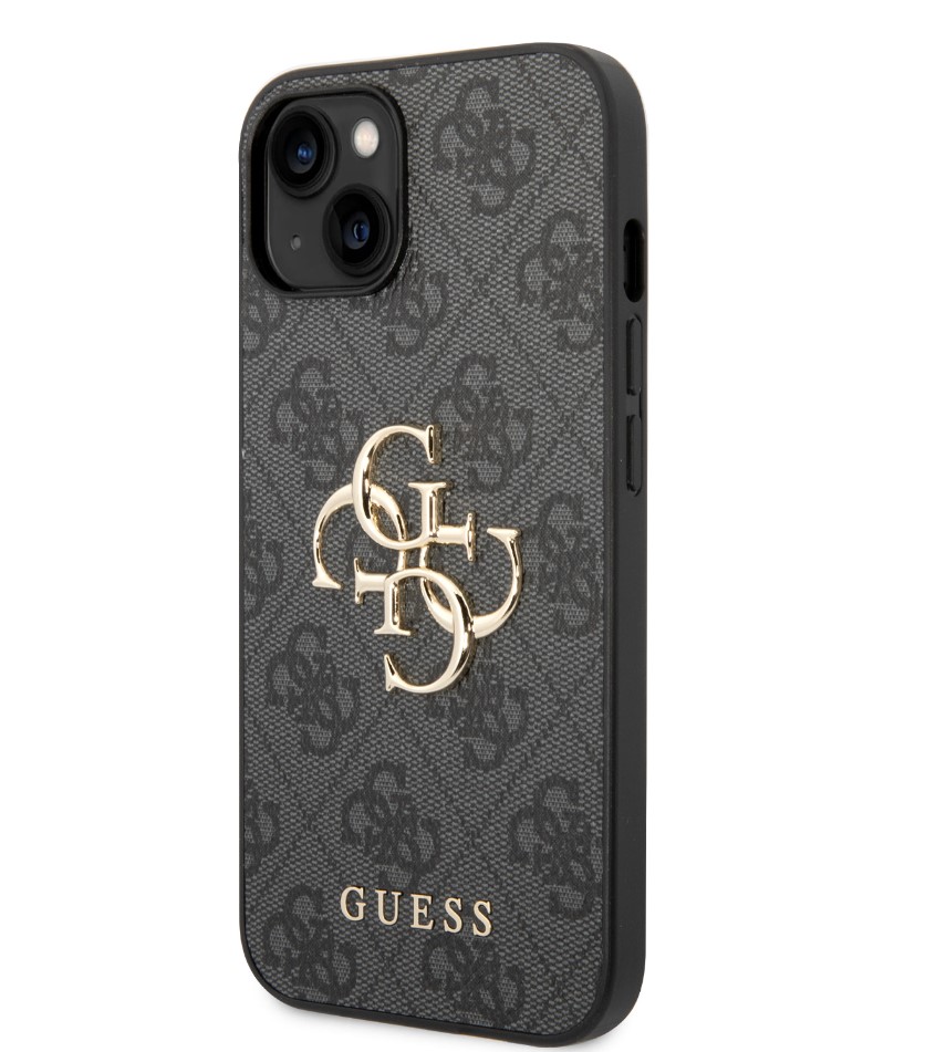 Guess PU 4G Metal Logo Zadní Kryt pro iPhone 15 Plus Šedý