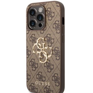 Guess PU 4G Metal Logo Zadní Kryt pro iPhone 15 Pro Hnědý