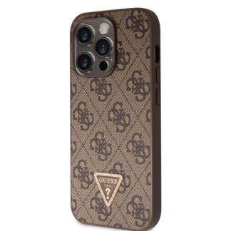 Guess PU 4G Strass Triangle Metal Logo Zadní Kryt + Crossbody Popruh pro iPhone 15 Pro Hnědý