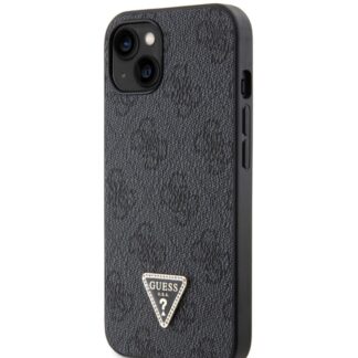 Guess PU 4G Strass Triangle Metal Logo Zadní Kryt pro iPhone 15 Černý