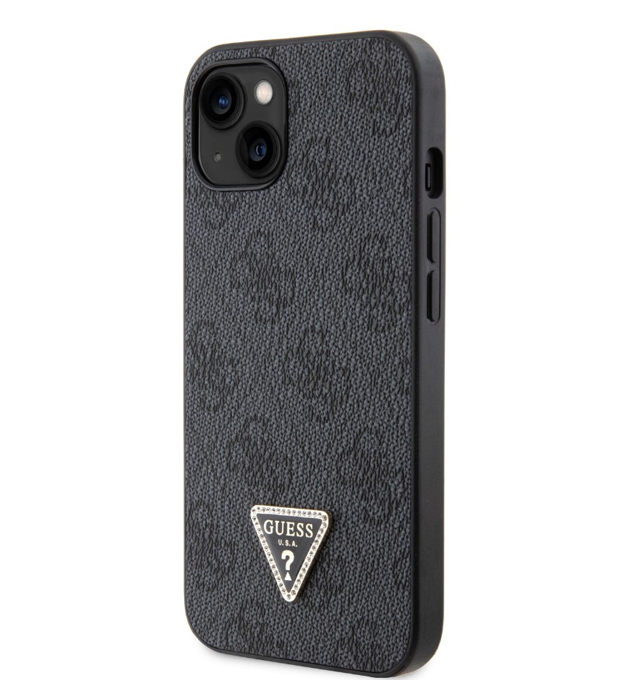 Guess PU 4G Strass Triangle Metal Logo Zadní Kryt pro iPhone 15 Černý