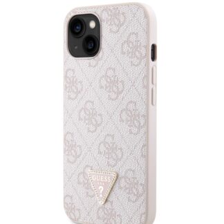 Guess PU 4G Strass Triangle Metal Logo Zadní Kryt pro iPhone 15 Růžový