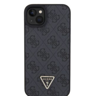 Guess PU 4G Strass Triangle Metal Logo Zadní Kryt pro iPhone 15 Plus Černý