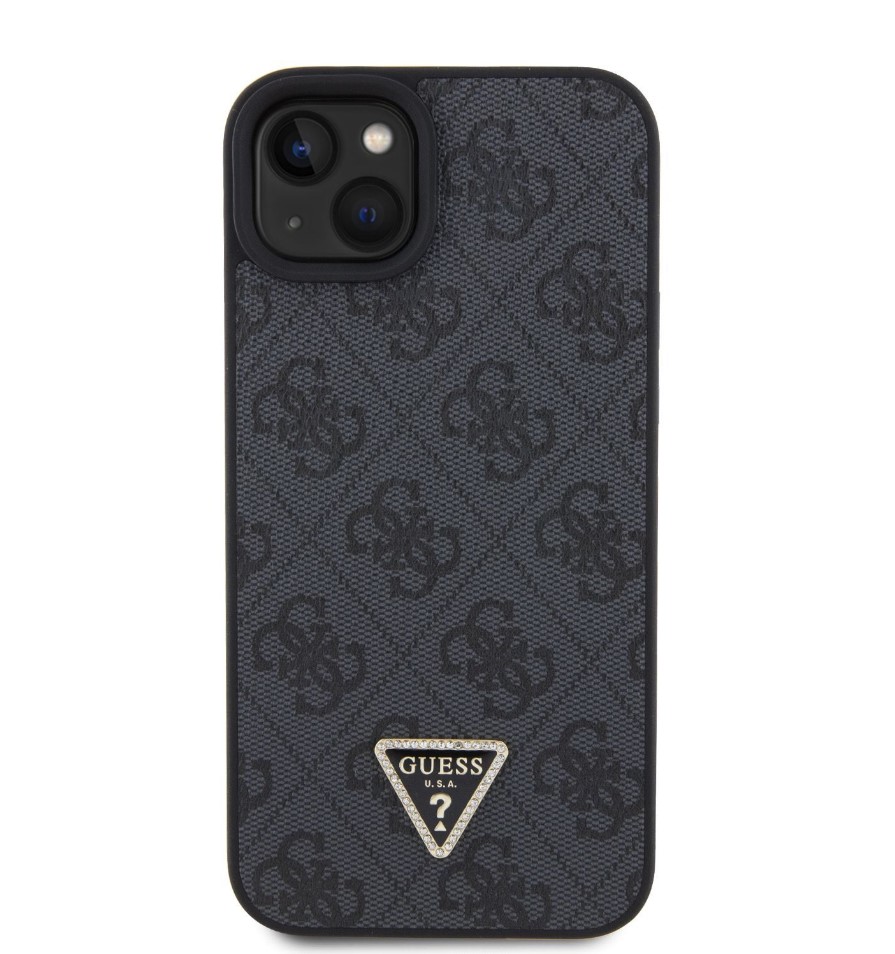 Guess PU 4G Strass Triangle Metal Logo Zadní Kryt pro iPhone 15 Plus Černý