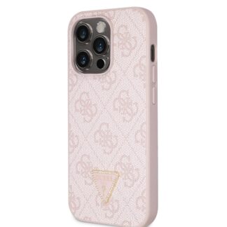 Guess PU 4G Strass Triangle Metal Logo Zadní Kryt pro iPhone 15 Pro Růžový