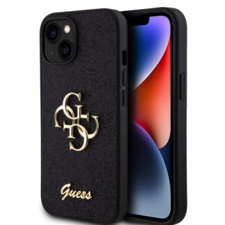 Guess PU Fixed Glitter 4G Metal Logo Zadní Kryt pro iPhone 15 Černý