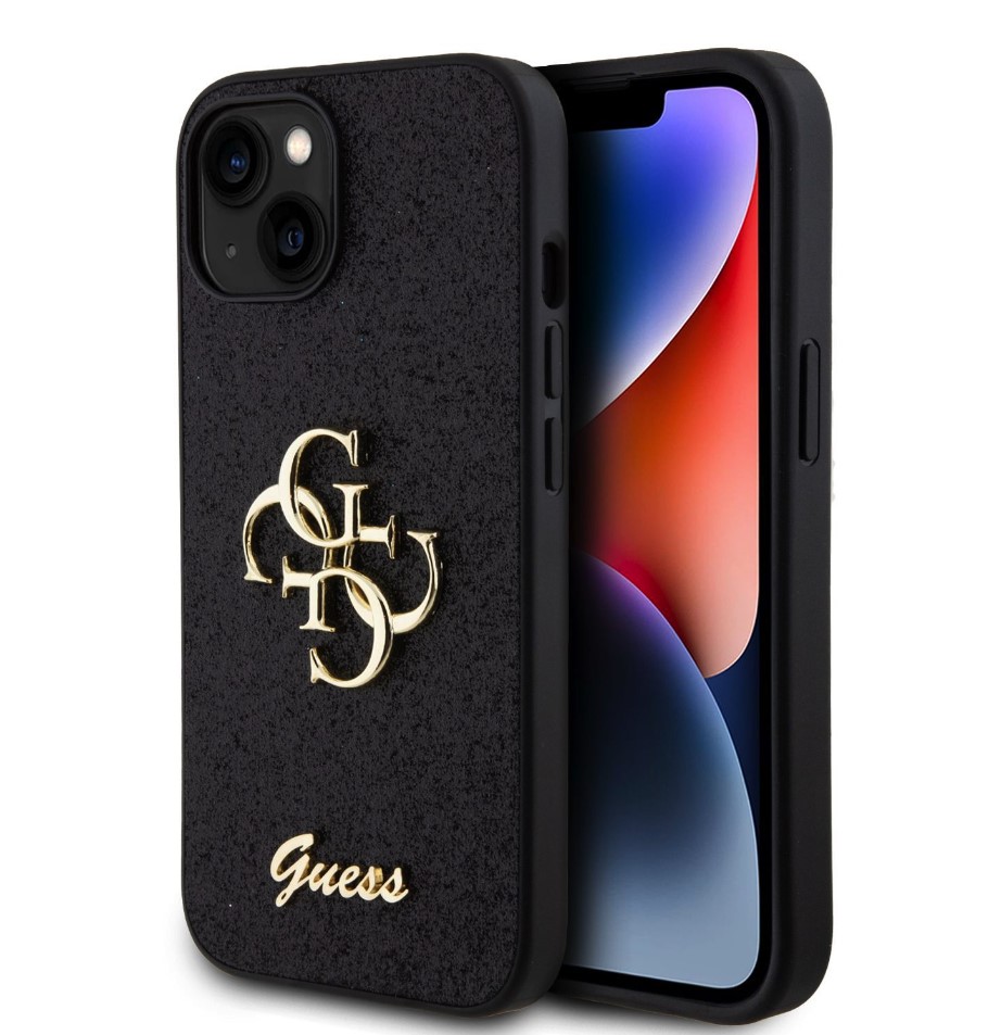 Guess PU Fixed Glitter 4G Metal Logo Zadní Kryt pro iPhone 15 Černý