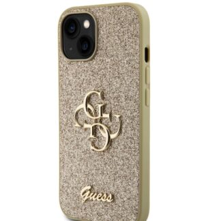 Guess PU Fixed Glitter 4G Metal Logo Zadní Kryt pro iPhone 15 Zlatý
