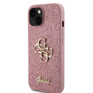 Guess PU Fixed Glitter 4G Metal Logo Zadní Kryt pro iPhone 15 Růžový
