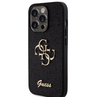 Guess PU Fixed Glitter 4G Metal Logo Zadní Kryt pro iPhone 15 Pro Černý