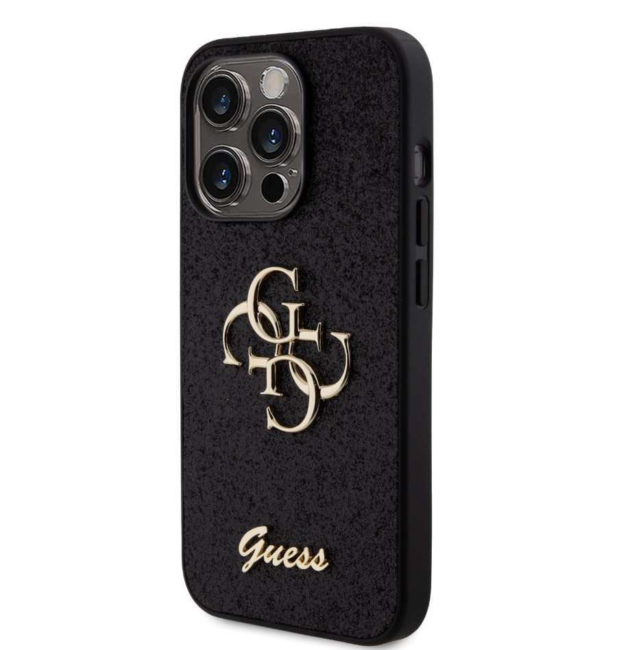 Guess PU Fixed Glitter 4G Metal Logo Zadní Kryt pro iPhone 15 Pro Černý