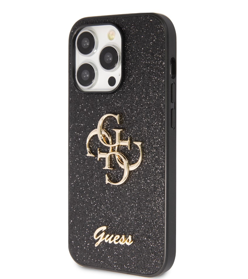 Guess PU Fixed Glitter 4G Metal Logo Zadní Kryt pro iPhone 15 Pro Max Černý